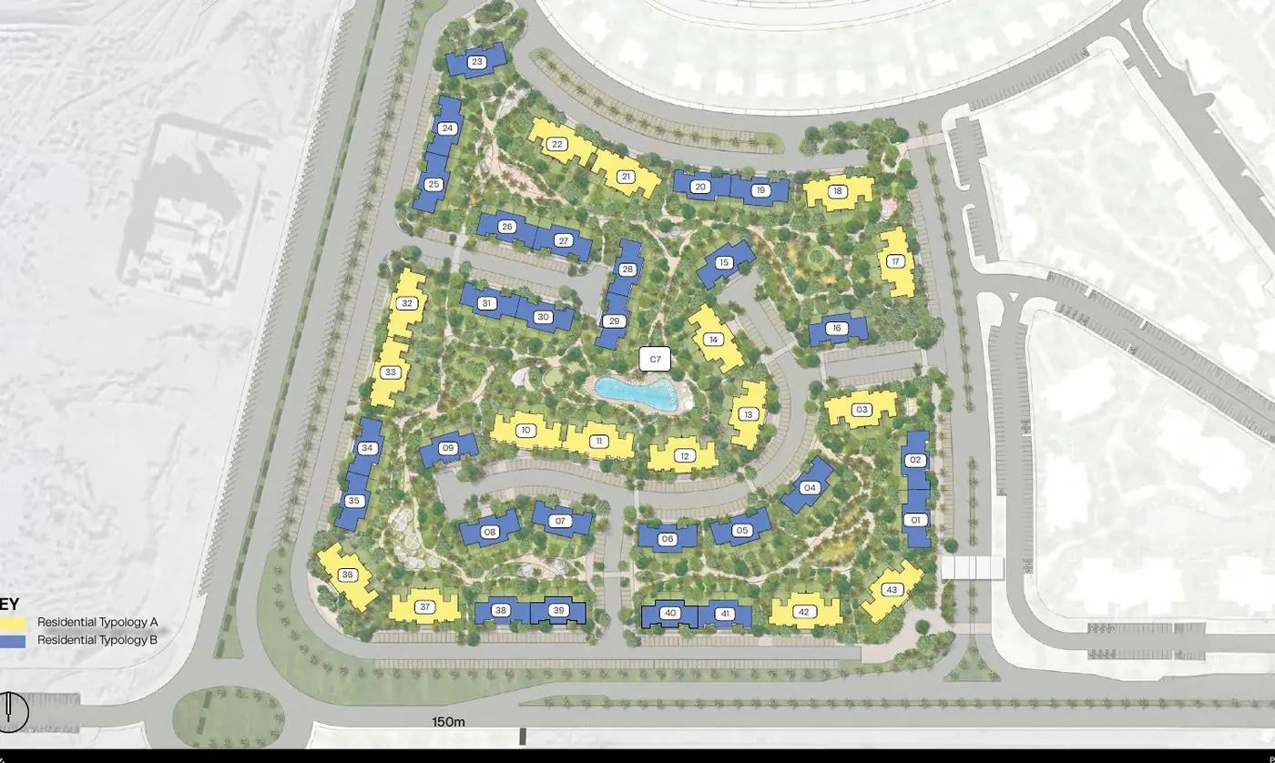 Gardinn cluster plan from the brochure: low-rise buildings around a central pool hub and landscape pockets